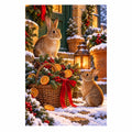 Original illustration of two rabbits beside a Christmas evergreen basket with oranges and berries, on a white background