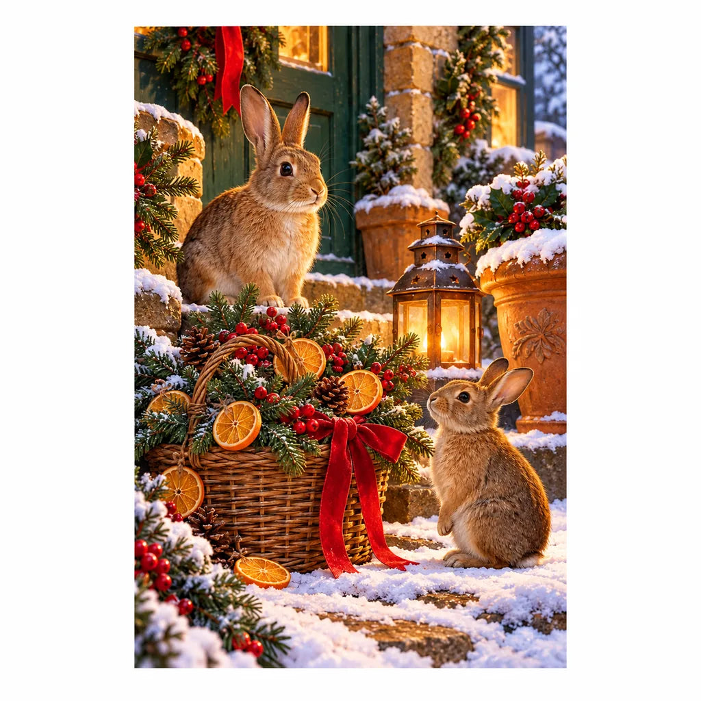 Original illustration of two rabbits beside a Christmas evergreen basket with oranges and berries, on a white background