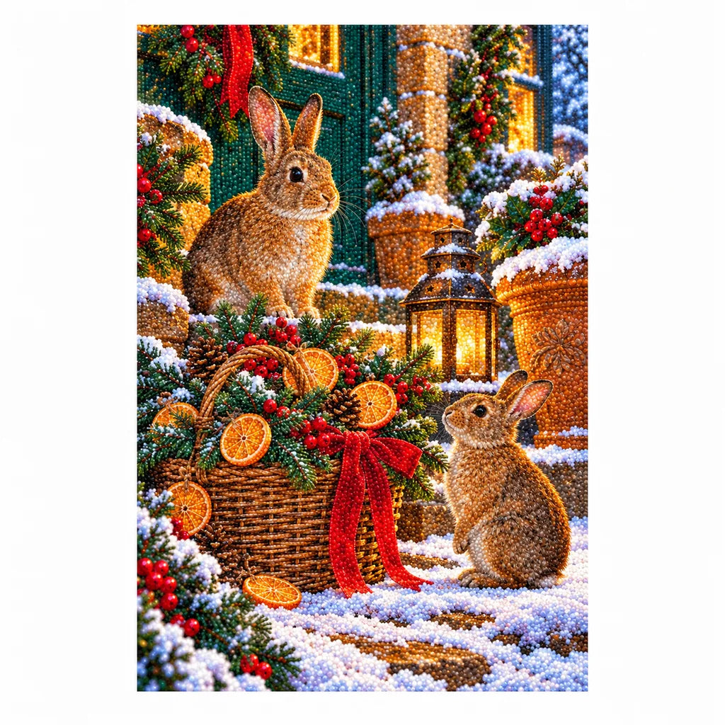 Finished diamond painting of rabbits by a decorated evergreen basket in a snowy scene