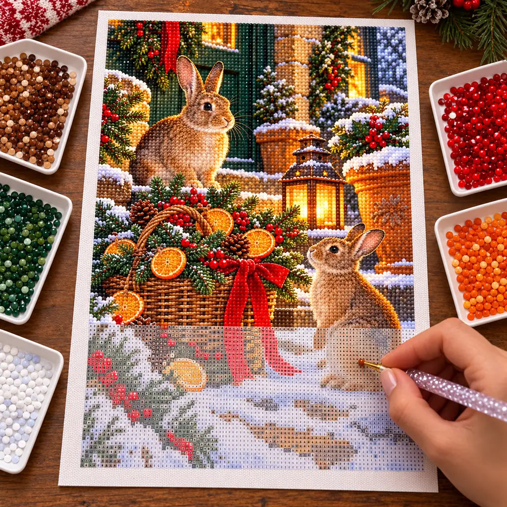 Hand placing diamond drills on the rabbits and evergreen basket canvas