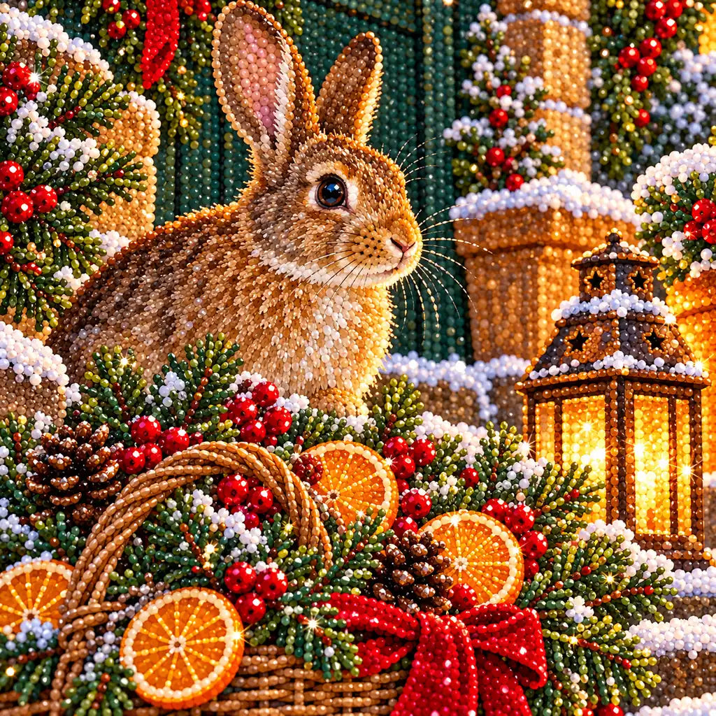 Close-up of diamond drills forming a rabbit and the basket's oranges, berries, and greenery