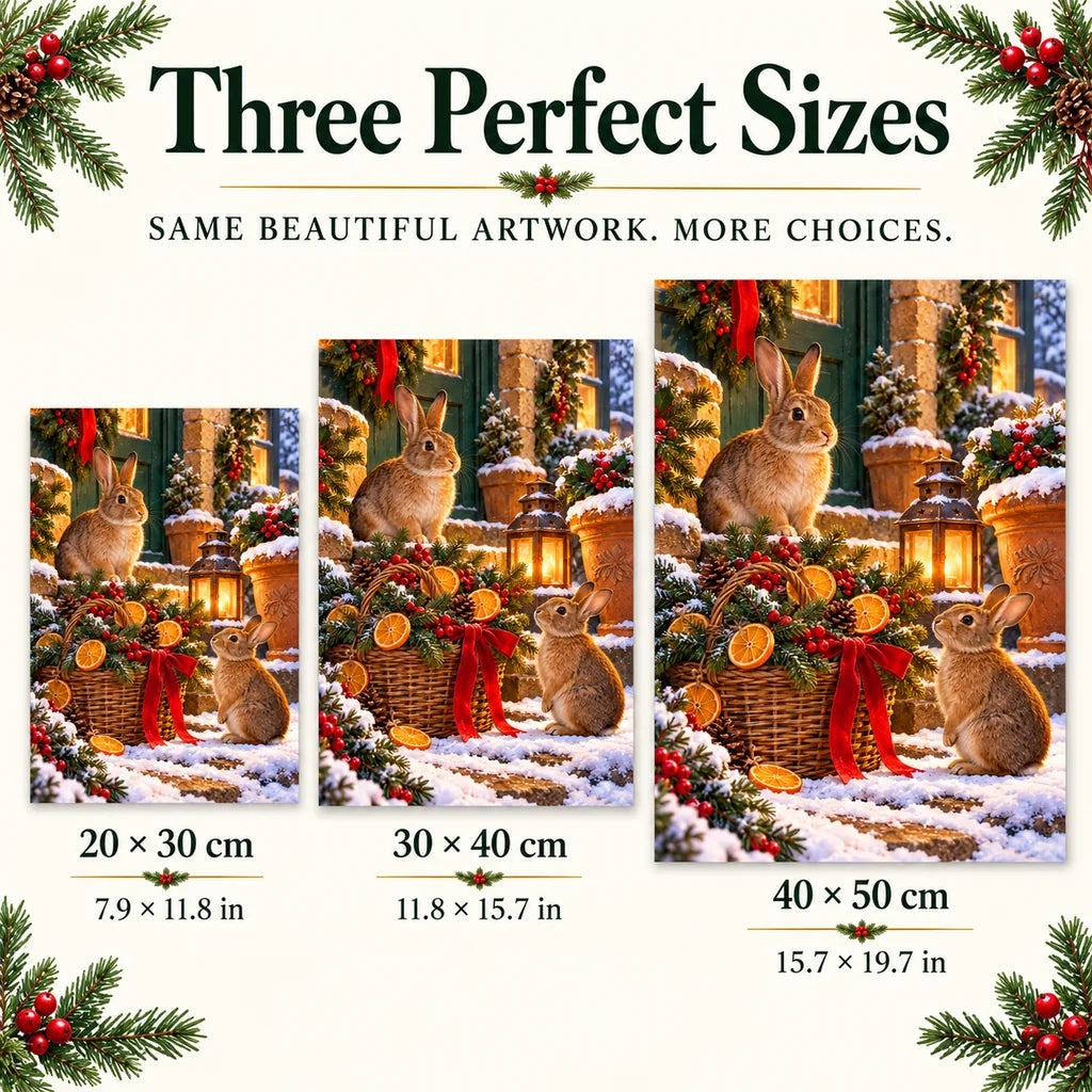 Portrait size guide for the rabbits and evergreen basket design: 20 × 30, 30 × 40, and 40 × 50 cm