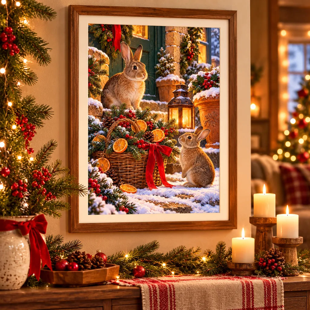 Framed rabbits with evergreen basket diamond painting displayed for Christmas