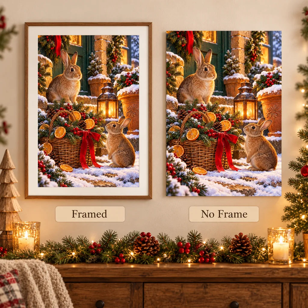 Framed and no-frame comparison for the rabbits with evergreen basket design