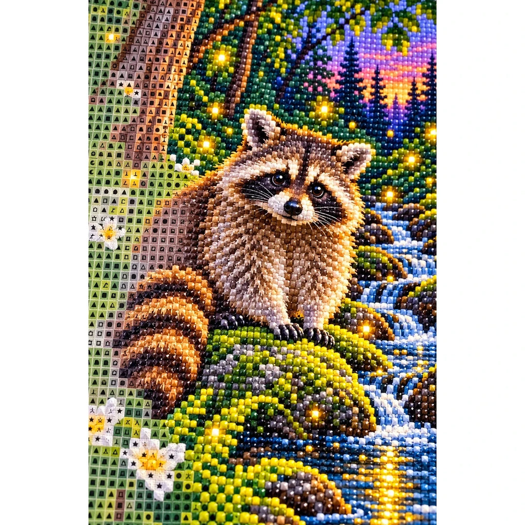Raccoon Fireflies Woodland Stream Diamond Painting Kit — canvas and drill material detail