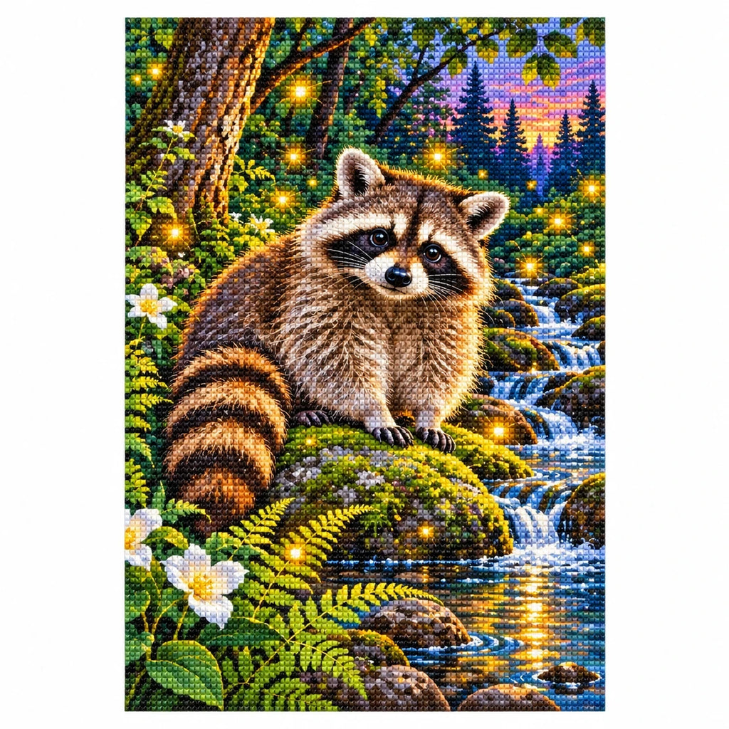 Raccoon Fireflies Woodland Stream Diamond Painting Kit — finished diamond painting on white background