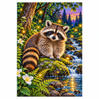 Raccoon Fireflies Woodland Stream Diamond Painting Kit — finished diamond painting on white background
