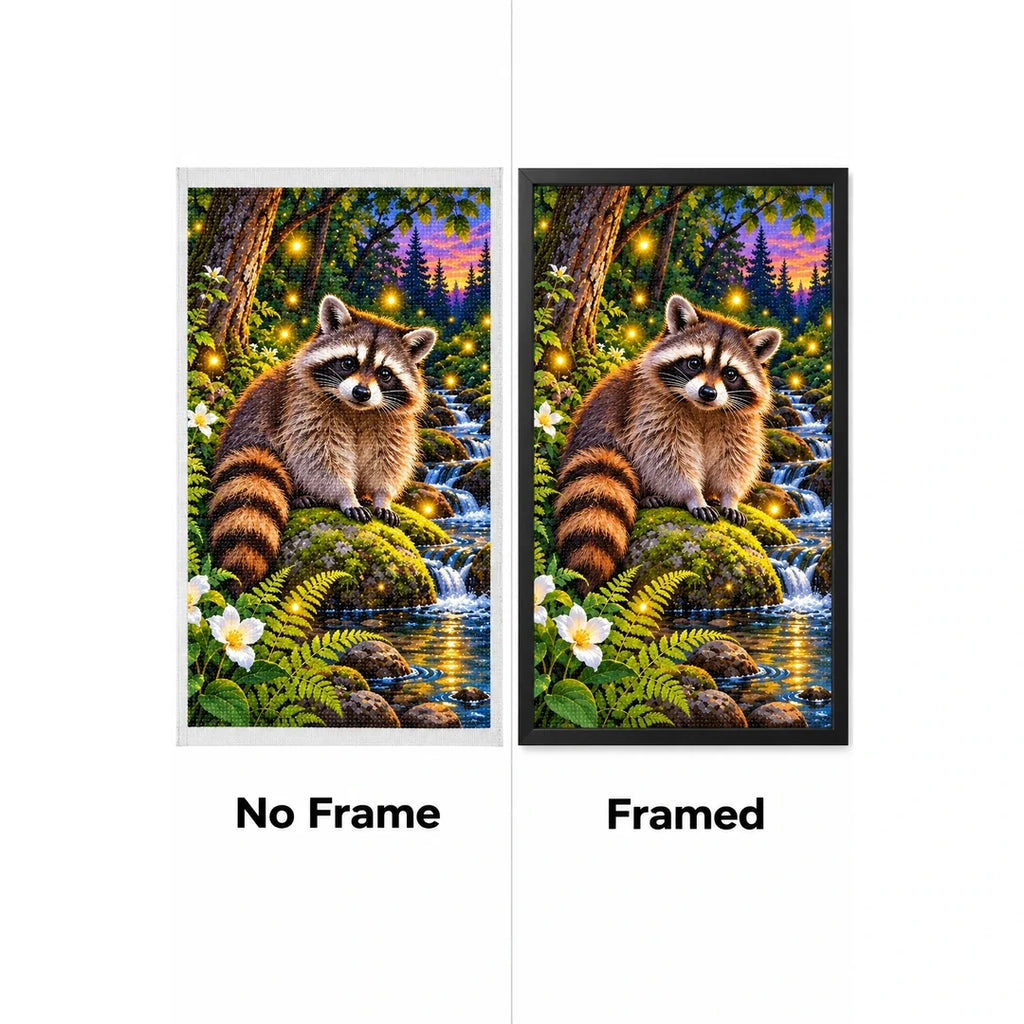 Raccoon Fireflies Woodland Stream Diamond Painting Kit — No Frame and Framed style comparison