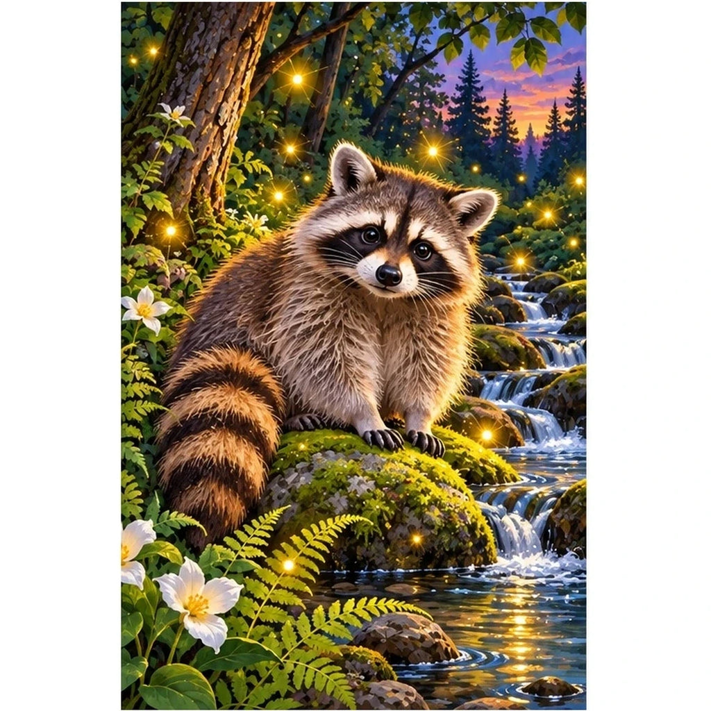 Raccoon Fireflies Woodland Stream Diamond Painting Kit — original white-background artwork
