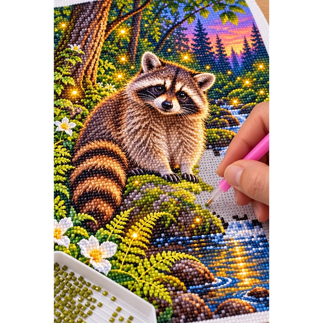 Raccoon Fireflies Woodland Stream Diamond Painting Kit — diamond painting application process