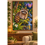 Raccoon Fireflies Woodland Stream Diamond Painting Kit — finished diamond painting in a home setting