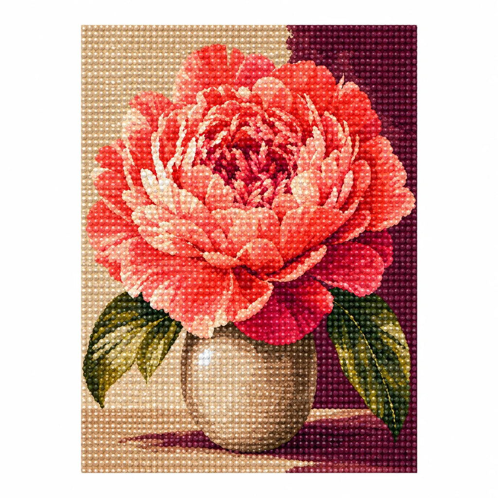 White-background finished diamond painting of Radiant Coral Bloom
