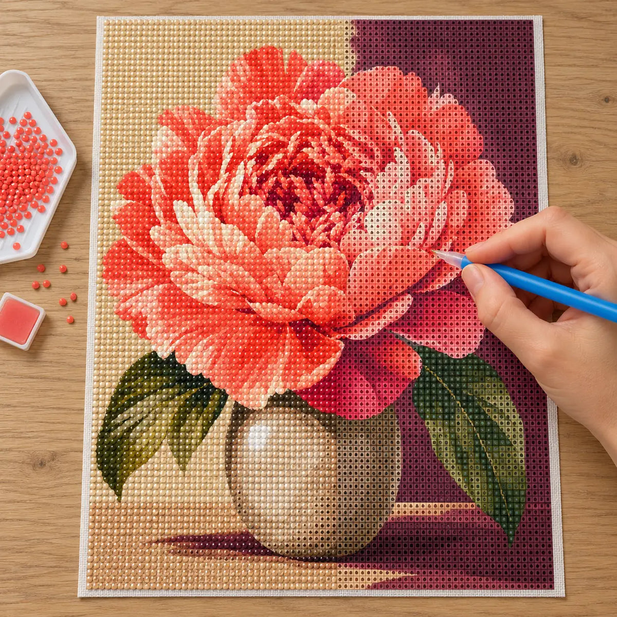 Diamond painting process for Radiant Coral Bloom