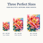 Size guide for Radiant Peony Bloom Diamond Painting Kit: 20 × 30 cm, 30 × 40 cm, and 40 × 50 cm.