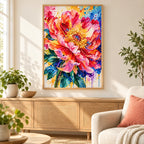 Home decor scene showing radiant peony bloom displayed on a wall.