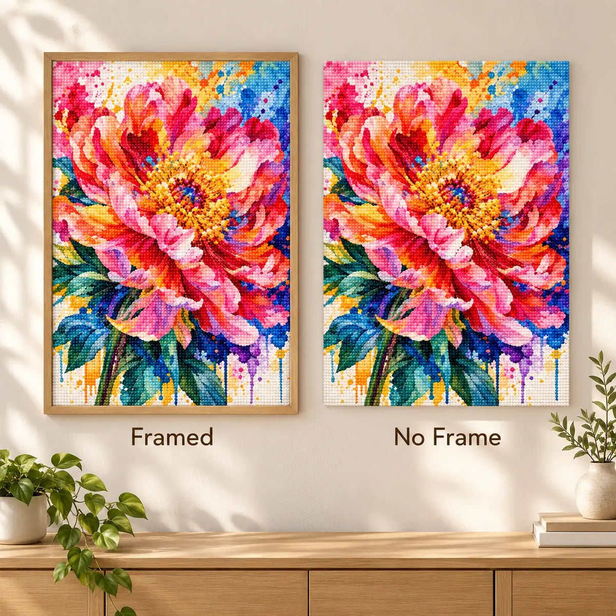 Framed and no-frame comparison for Radiant Peony Bloom Diamond Painting Kit.
