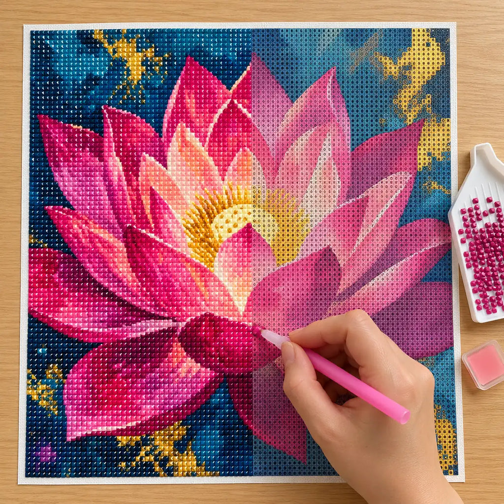 Diamond painting process for Radiant Lotus Bloom