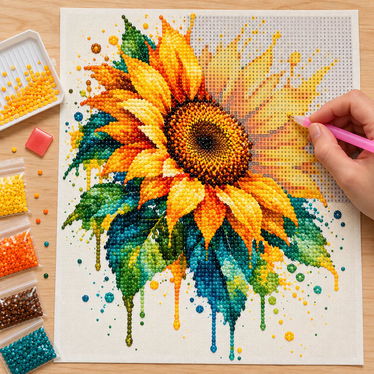 Diamond painting process for radiant sunburst bloom.