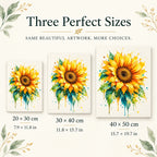 Size guide for Radiant Sunburst Bloom Diamond Painting Kit: 20 × 30 cm, 30 × 40 cm, and 40 × 50 cm.