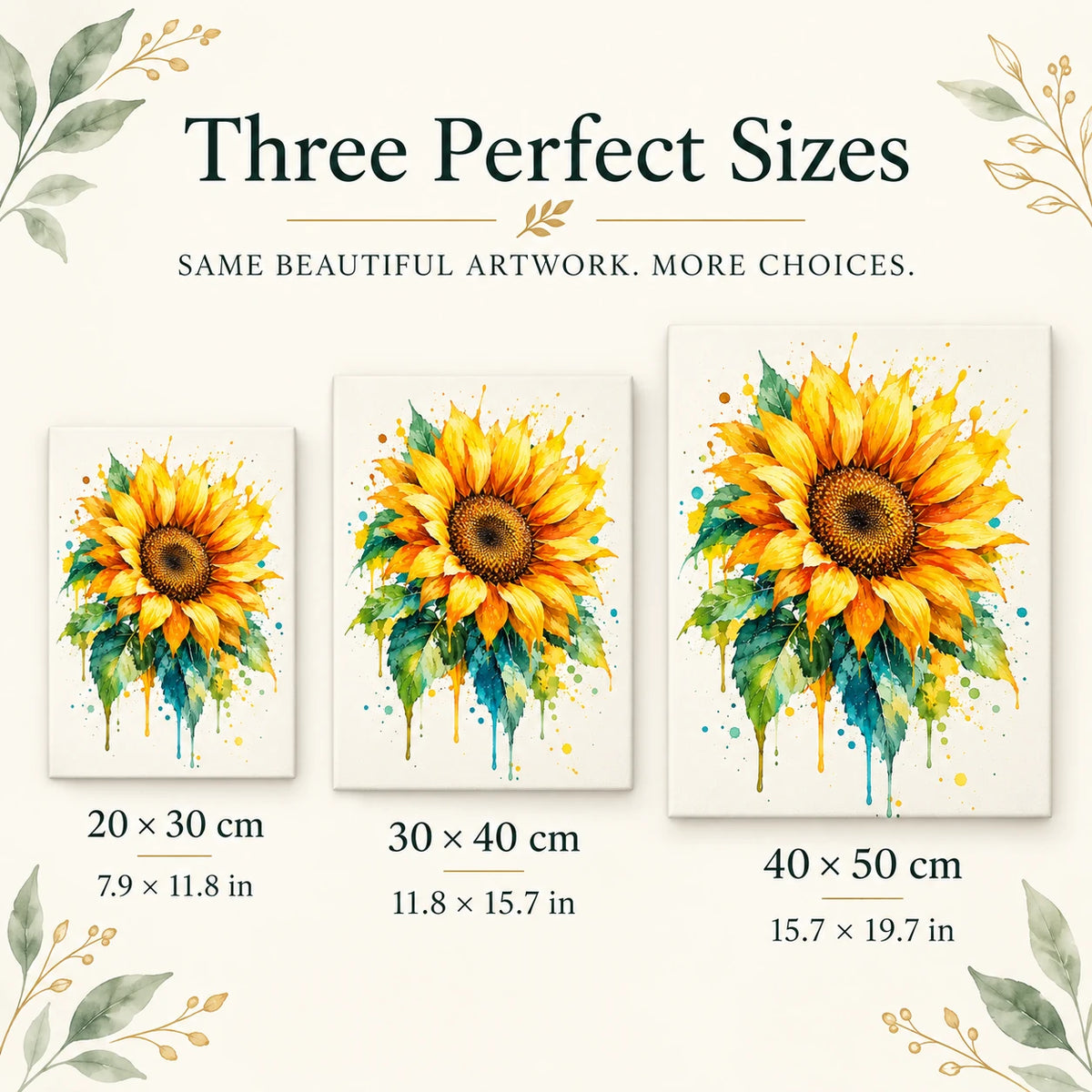 Size guide for Radiant Sunburst Bloom Diamond Painting Kit: 20 × 30 cm, 30 × 40 cm, and 40 × 50 cm.