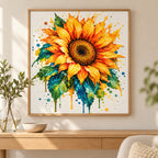 Home decor scene showing radiant sunburst bloom displayed on a wall.
