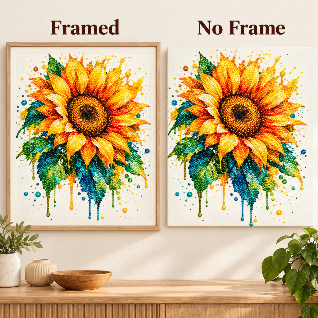 Framed and no-frame comparison for Radiant Sunburst Bloom Diamond Painting Kit.