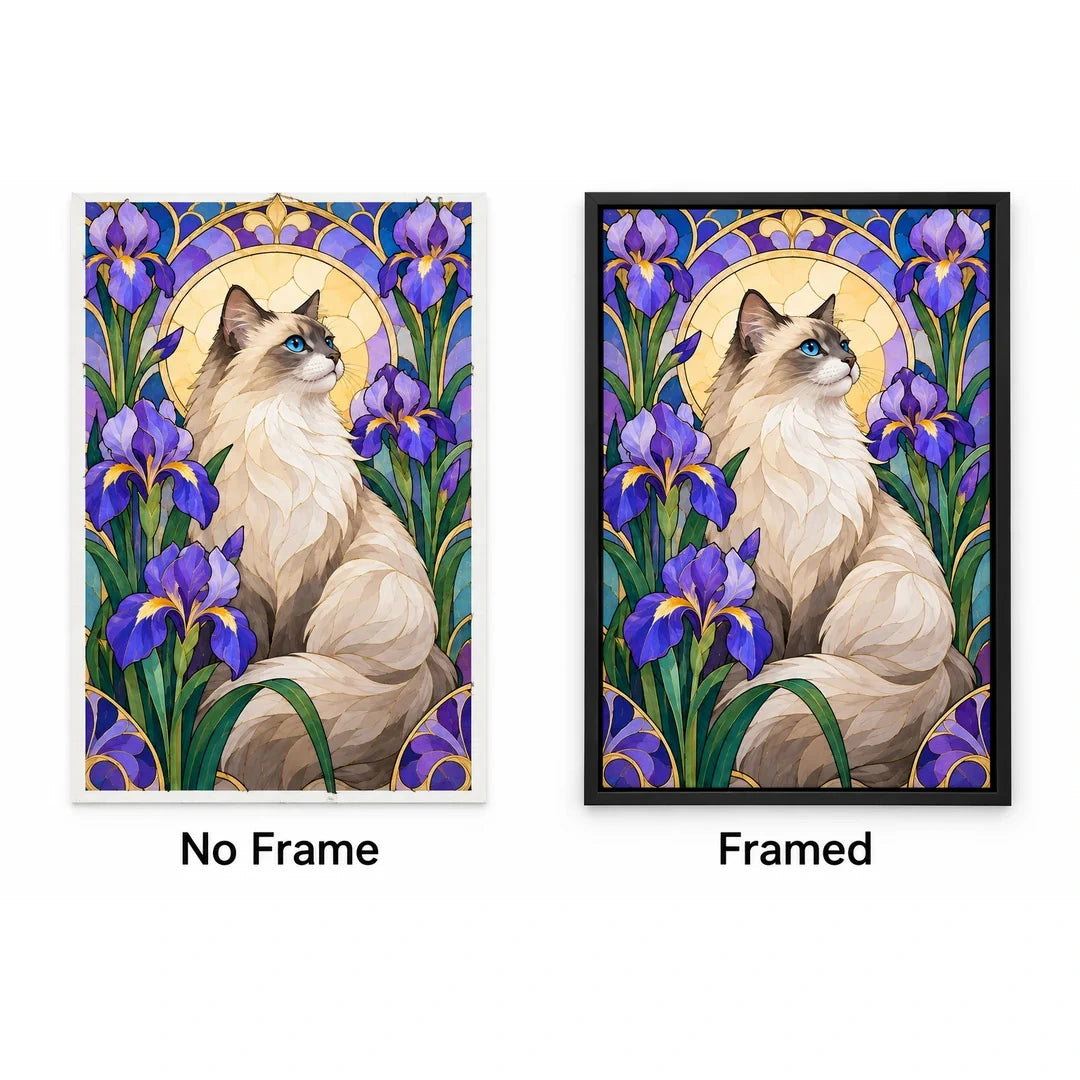 Ragdoll Cat Purple Irises Diamond Painting Kit — No Frame and Framed style comparison
