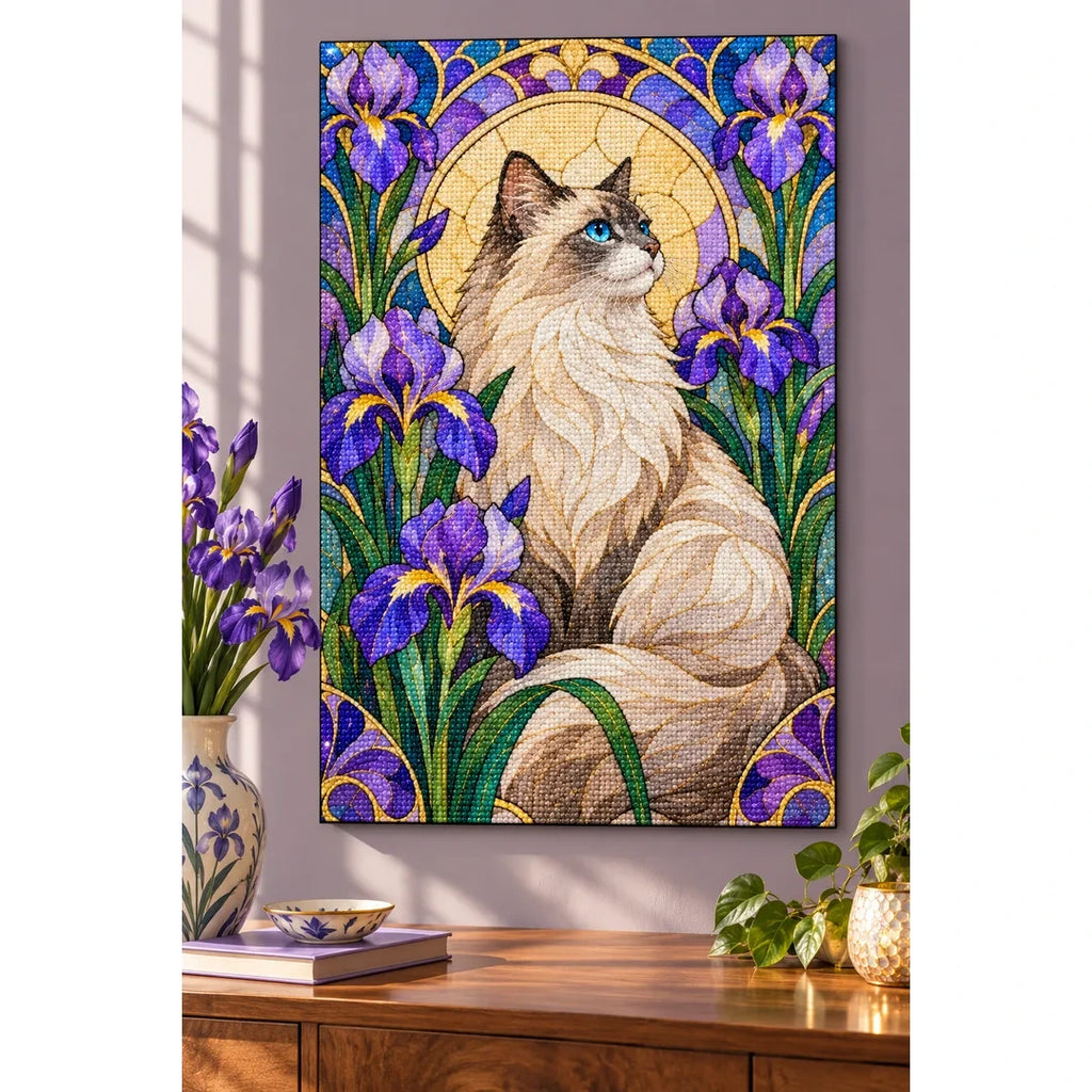 Ragdoll Cat Purple Irises Diamond Painting Kit — finished diamond painting in a home setting