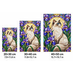 Ragdoll Cat Purple Irises Diamond Painting Kit — 20 by 30, 30 by 40, and 40 by 50 centimeter size guide