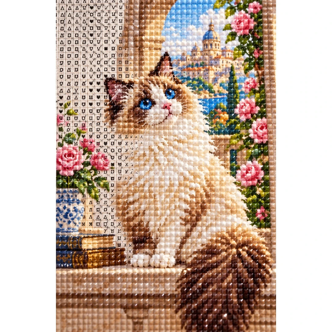 Ragdoll Cat Rose Window Diamond Painting Kit diamond and canvas detail