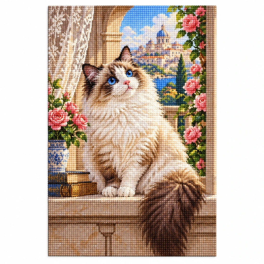 Ragdoll Cat Rose Window Diamond Painting Kit finished diamond artwork on white background
