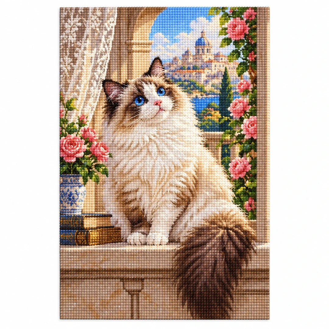 Ragdoll Cat Rose Window Diamond Painting Kit finished diamond artwork on white background