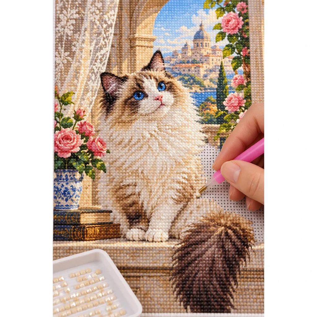 Ragdoll Cat Rose Window Diamond Painting Kit diamond placement process
