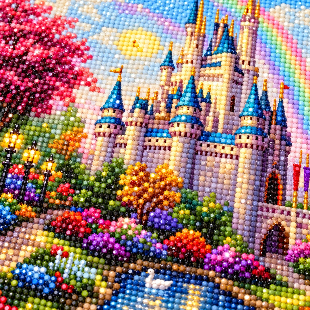 Rainbow Castle Fantasy Diamond Painting Kit diamond painting drills and canvas detail