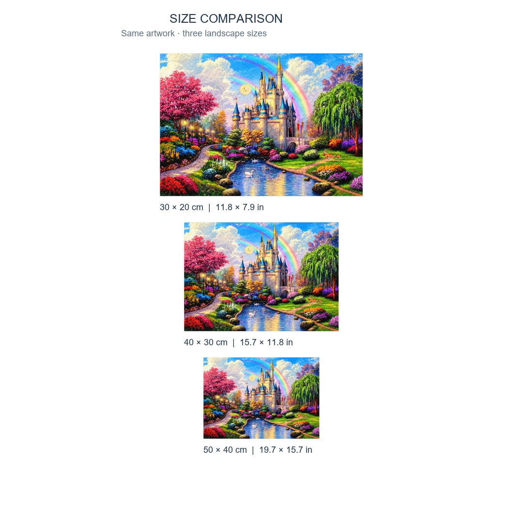 Rainbow Castle Fantasy Diamond Painting Kit diamond painting landscape size comparison