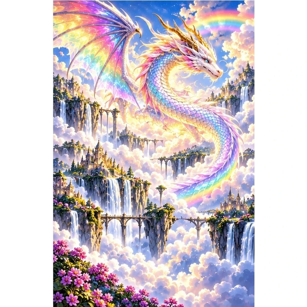 Rainbow Cloud Dragon Waterfalls — original artwork on a clean white background