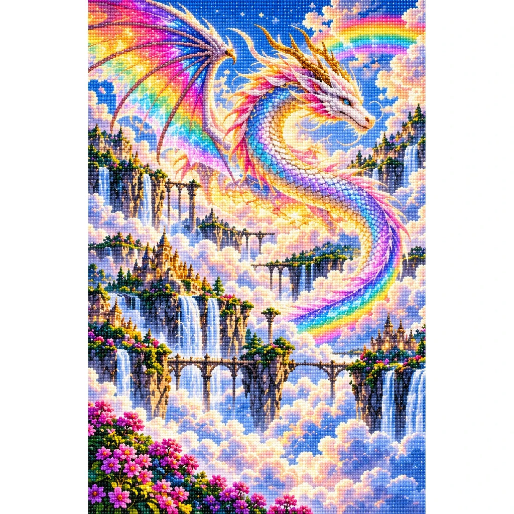 Rainbow Cloud Dragon Waterfalls — finished diamond painting on a white background