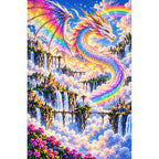 Rainbow Cloud Dragon Waterfalls — finished diamond painting on a white background