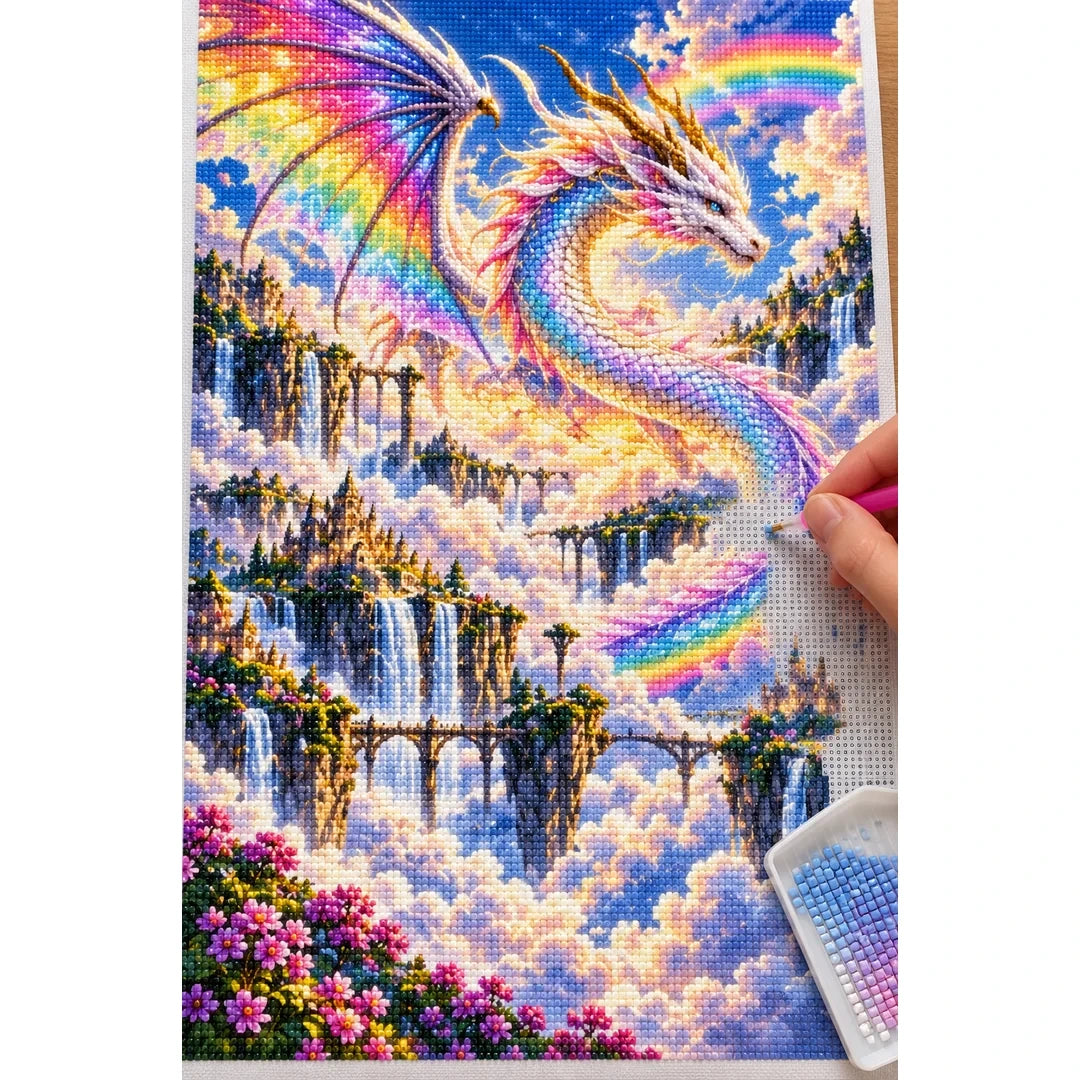 Rainbow Cloud Dragon Waterfalls — diamond painting process with applicator pen