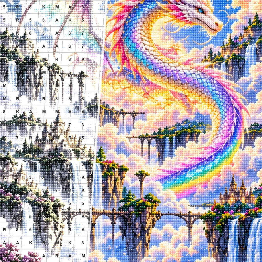 Rainbow Cloud Dragon Waterfalls — close-up canvas and resin drill detail