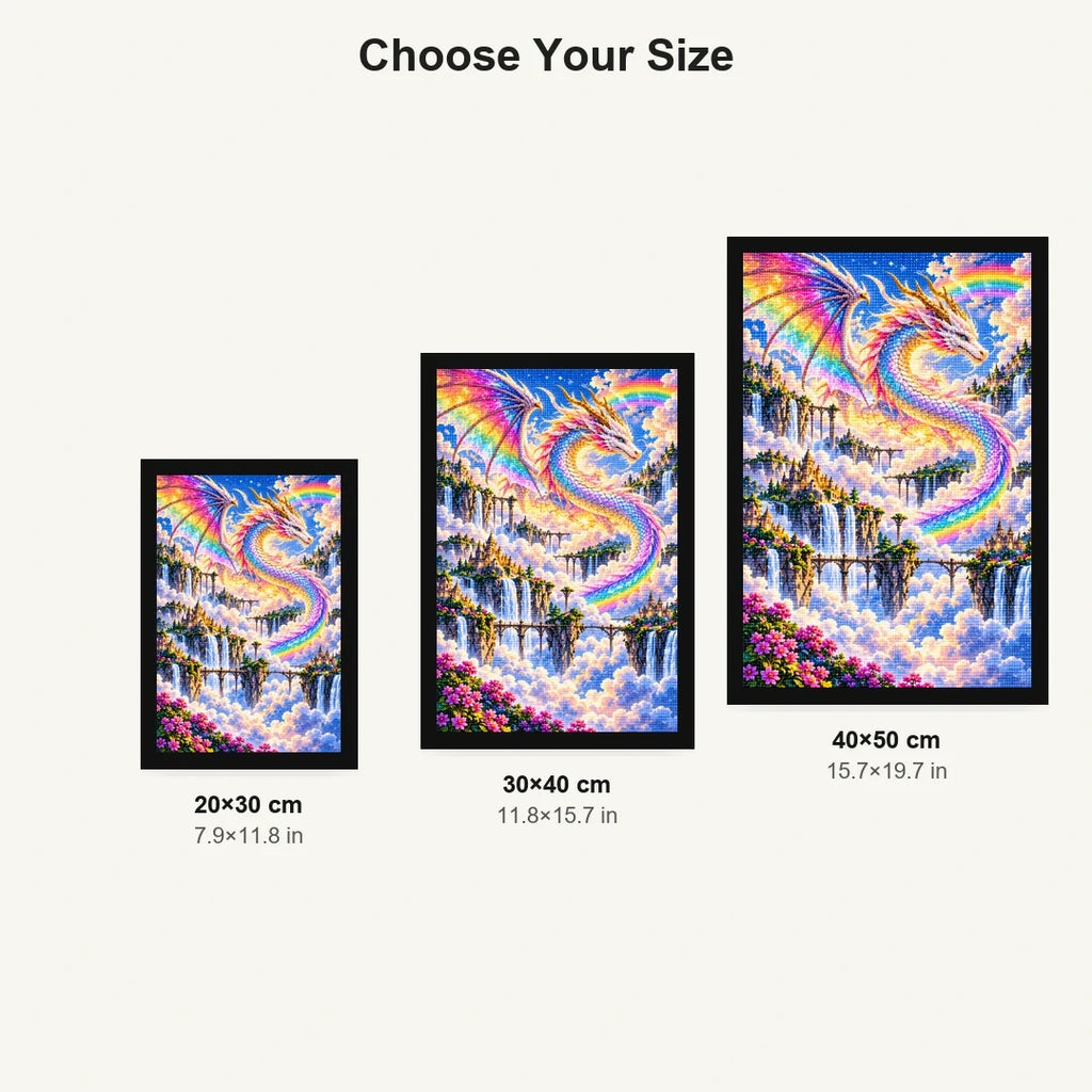Rainbow Cloud Dragon Waterfalls — size comparison for 20 × 30, 30 × 40 and 40 × 50 cm