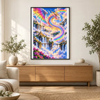 Rainbow Cloud Dragon Waterfalls — finished diamond painting displayed in a home interior