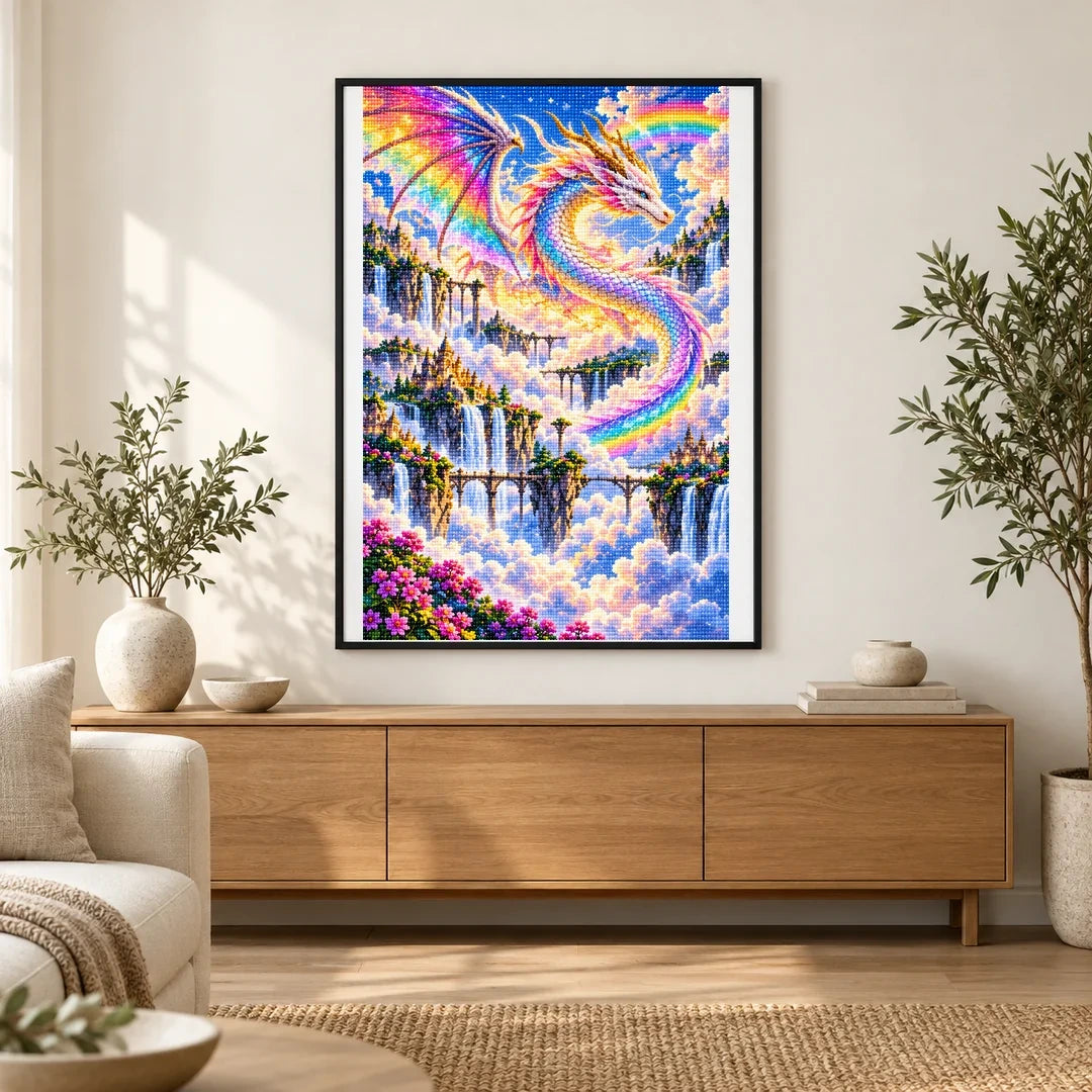 Rainbow Cloud Dragon Waterfalls — finished diamond painting displayed in a home interior