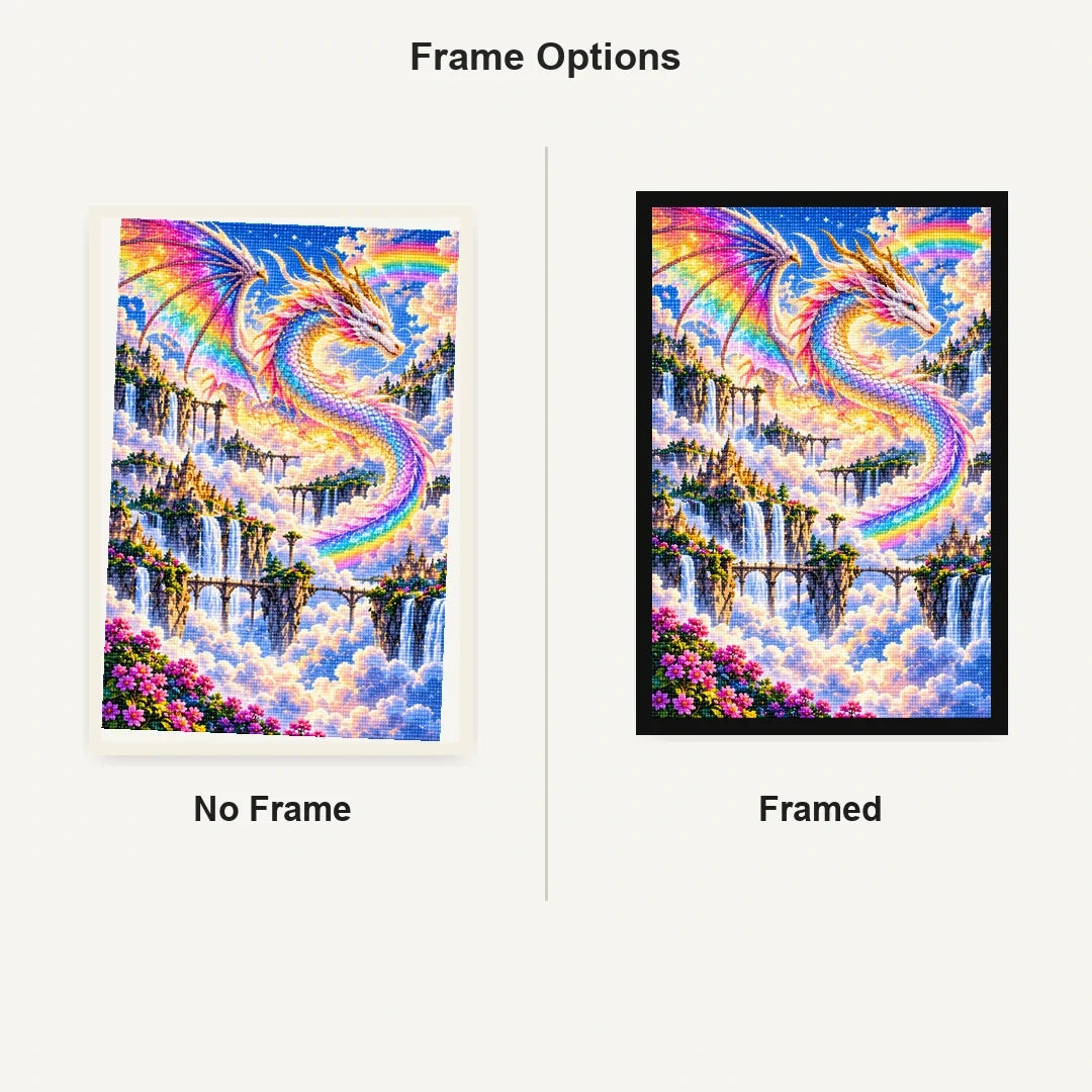 Rainbow Cloud Dragon Waterfalls — No Frame and Framed style comparison