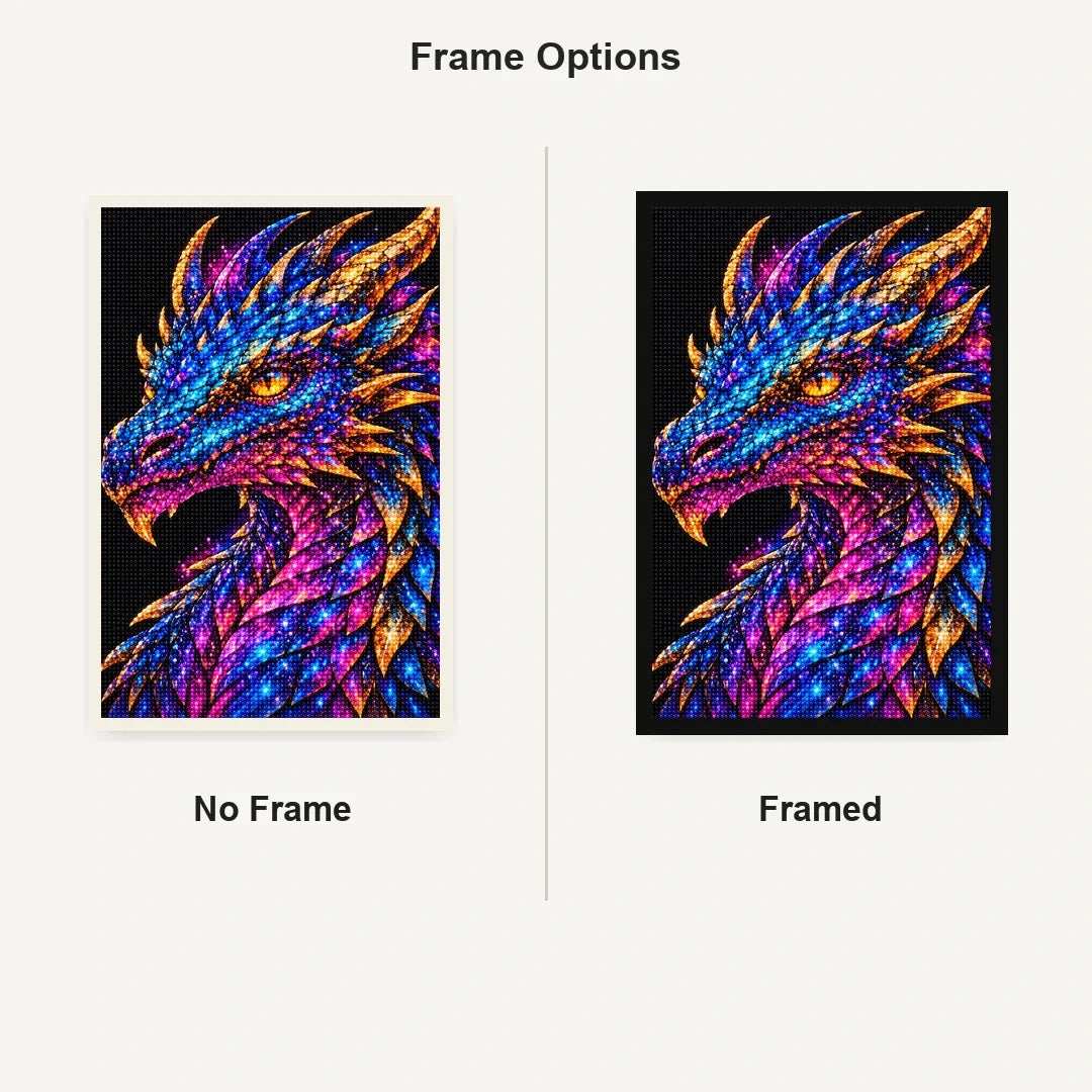 Rainbow Ember Mosaic Dragon No Frame and Framed style comparison