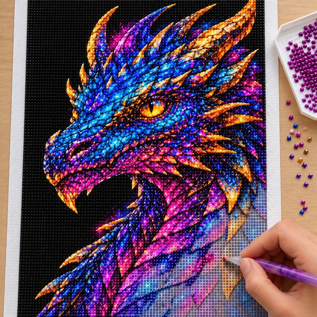 Rainbow Ember Mosaic Dragon diamond painting process with pen and tray
