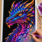 Rainbow Ember Mosaic Dragon diamond painting process with pen and tray