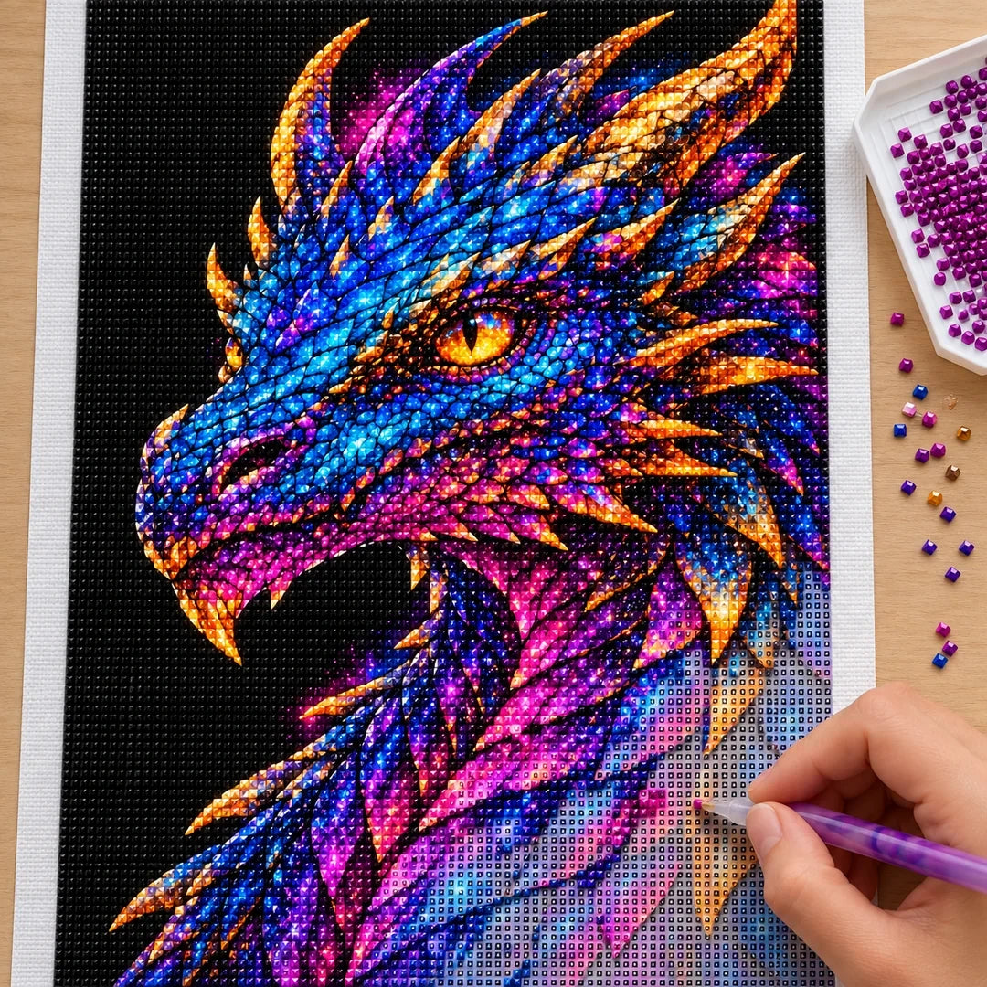 Rainbow Ember Mosaic Dragon diamond painting process with pen and tray