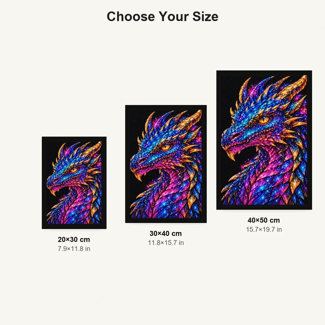 Rainbow Ember Mosaic Dragon 20 by 30, 30 by 40, and 40 by 50 centimeter size guide