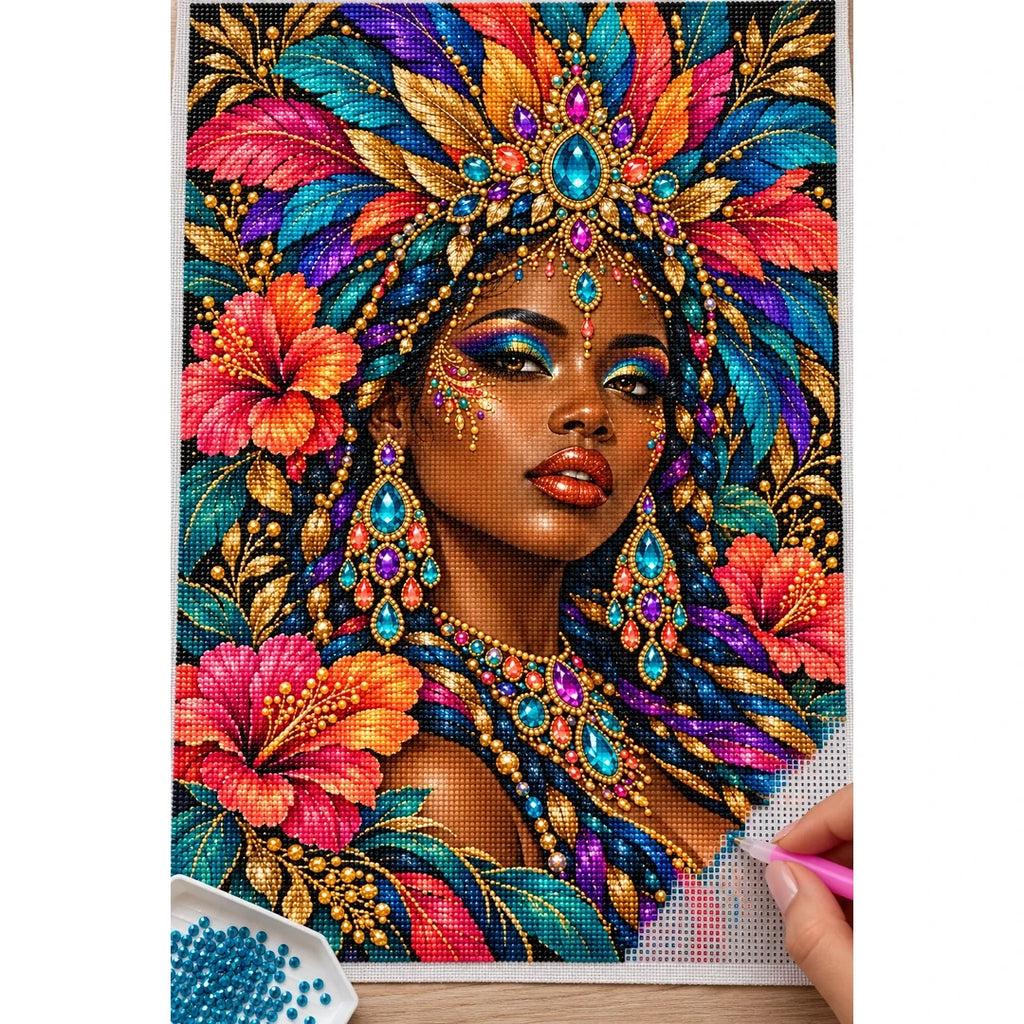 Rainbow Feather Queen diamond painting process with pen and tray